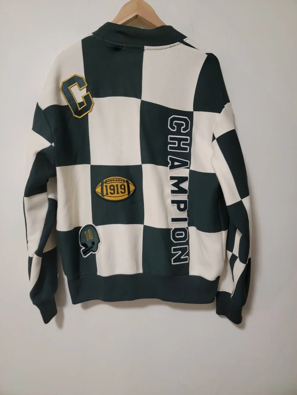 Champion Green and White Checkerboard Varsity Cardigan